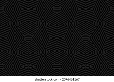 Embossed black background design. Unique texture with geometric volumetric convex ethnic 3D pattern, art deco.Vector graphic template for business background, magazine layout, brochure, booklet.