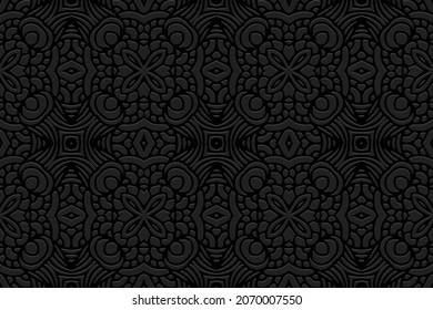 Diseño de fondo negro con relieve, pancarta vintage con un patrón 3D geométrico volumétrico convexo. oriental, indonesio, mexicano, azteca, técnica artesanal, art deco.