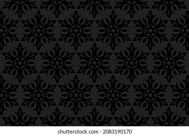 Diseño de fondo negro con relieve.Textura con patrón 3D convexo geométrico volumétrico.Plantilla gráfica vectorial al estilo de los pueblos de Oriente, Asia, India, México, Azteca.