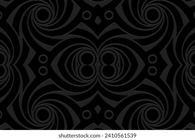 Fondo negro con relieve, diseño elegante de la cubierta. Hechos a mano, arabescos. Patrón geométrico étnico 3D. Arte decorativo ornamental de Oriente, Asia, India, México, Azteca, Perú.