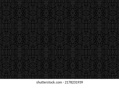 Embossed black background, ethnic cover design. Geometric exotic 3D pattern. Tribal fantasy ornaments of East, Asia, India, Mexico, Aztecs, Peru. Handmade style.
