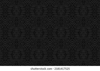 Embossed black background, ethnic cover design. Geometric exotic 3D pattern, arabesques. Tribal topical ornaments of the East, Asia, India, Mexico, Aztecs, Peru.