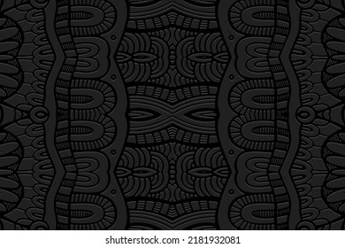 Antecedentes negros con relieve, diseño de portada étnica. Patrón 3D creativo geométrico, arabesco, estilo dibujado a mano. Ornamentos temáticos tribales de Oriente, Asia, India, México, Aztecas, Perú.