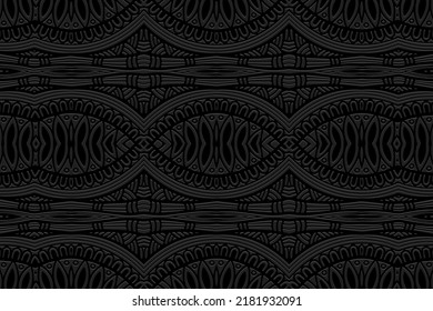 Antecedentes negros con relieve, diseño de portada étnica. Patrón 3D vintage geométrico artístico, arabesco, estilo dibujado a mano. Ornamentos temáticos tribales de Oriente, Asia, India, México, Aztecas, Perú.