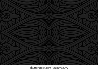 Embossed black background, ethnic cover design. Geometric curly 3D pattern, arabesque, hand drawn style. Tribal topical ornaments of the East, Asia, India, Mexico, Aztecs, Peru.