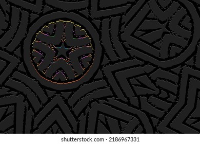 Embossed black background, ethnic cover design. Geometric shiny 3D monogram pattern, doodling ornaments. Tribal handmade art of the East, Asia, India, Mexico, Aztecs, Peru. 