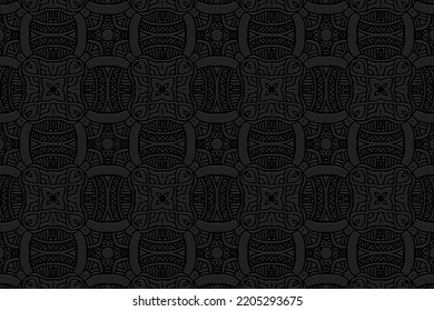 Embossed black background, ethnic cover design. Geometric 3D pattern, press paper, handmade, luxurious boho style. Tribal ornamental motifs of the East, Asia, India, Mexico, Aztecs, Peru.