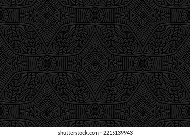 Embossed black background, ethnic cover design. Press paper, boho style with handmade elements. Tribal geometric decorative 3d pattern of East, Asia, India, Mexico, Aztec, Peru.