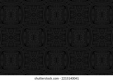 Embossed black background, ethnic cover design. Press paper, boho style with handmade elements. Tribal geometric vintage 3d pattern of East, Asia, India, Mexico, Aztec, Peru.

