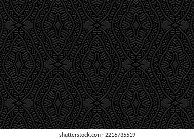 Embossed black background, ethnic cover design. Press paper, boho style with handmade elements. Tribal geometric 3d pattern, artistic texture of East, Asia, India, Mexico, Aztecs, Peru.