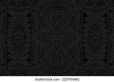 Embossed black background, ethnic cover design. Press paper, stylish doodle and zentangle technique. Geometric 3d pattern. Creative tribal themes of East, Asia, India, Mexico, Aztecs, Peru.