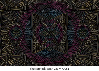 Embossed black background, ethnic cover design. Press paper, beautiful doodle and zentangle technique. Geometric 3d pattern. Creative tribal themes of East, Asia, India, Mexico, Aztecs, Peru.