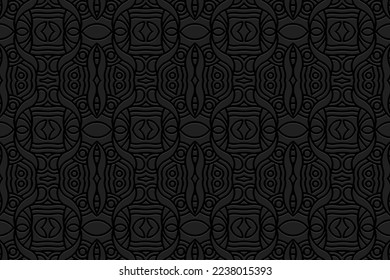 Embossed black background, ethnic cover design. Press paper, boho style. Geometric 3d pattern. Unique tribal themes of East, Asia, India, Mexico, Aztecs, Peru with handmade elements.