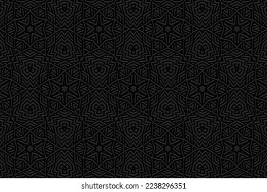 Embossed black background, ethnic cover design. Press paper, boho style. Geometric original 3d pattern. Tribal themes of the East, Asia, India, Mexico, Aztecs, Peru with handmade elements.