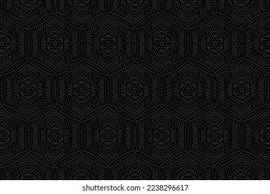 Embossed black background, ethnic cover design. Press paper, boho style. Geometric abstract 3d pattern. Tribal themes of the East, Asia, India, Mexico, Aztecs, Peru with handmade elements.