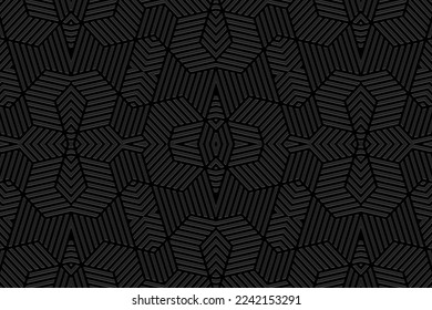 Embossed black background, ethnic cover design. Press paper, boho style. Geometric 3d pattern of contours and lines. Tribal themes of the East, Asia, India, Mexico, Aztecs, Peru, abstract ornaments.