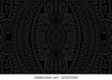 Embossed black background, ethnic cover design. Geometric exotic 3D pattern, press paper. Boho style, art deco. Tribal ornaments of the peoples of the East, Asia, India, Mexico, Aztecs, Peru.