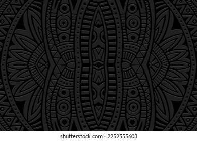 Embossed black background, ethnic cover design. Geometric abstract 3D pattern, press paper. Boho style, art deco. Tribal ornaments of the peoples of the East, Asia, India, Mexico, Aztecs, Peru.