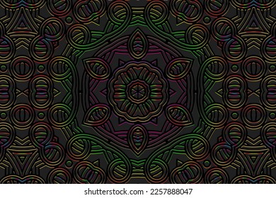 Embossed black background, ethnic cover design. Geometric fantasy exotic floral 3D pattern, press paper, leather. Tribal boho ornaments of East, Asia, India, Mexico, Aztecs, Peru.