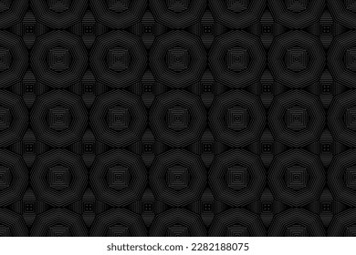 Embossed black background, ethnic cover design. Unique fractal 3D drawing of lines and shapes, press paper, leather. Motives of the East, Asia, India, Mexico, Aztecs, Peru. Geometric style.