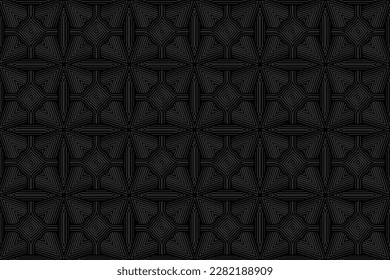 Embossed black background, ethnic cover design. Abstract fractal 3D drawing from lines and shapes, press paper, leather. Motives of the East, Asia, India, Mexico, Aztecs, Peru. Geometric style.