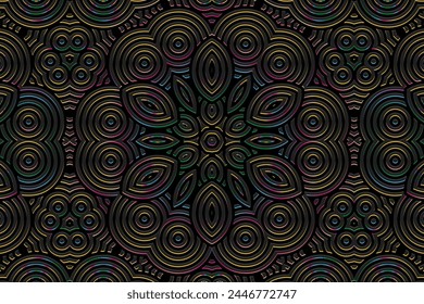 Embossed black background, ethnic cover design. Geometric creative 3D pattern. Tribal handmade style, doodling, boho. Ornamental vintage exoticism of the East, Asia, India, Mexico, Aztec, Peru.