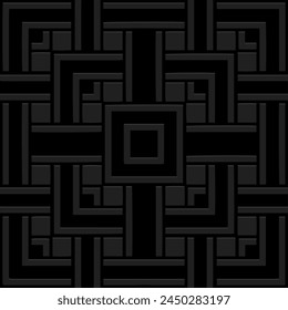 Embossed black background, ethnic cover design, banner. Geometric original 3D pattern, Greek meander style, handmade. Artistic motifs of the East, Asia, India, Mexico, Aztec, Peru.