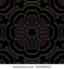Embossed black background, ethnic cover design, banner. Geometric unique shiny 3D pattern. Handmade, doodling. Floral ornaments of the peoples of the East, Asia, India, Mexico, Aztec, Peru.