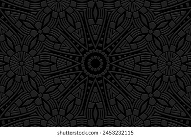 Fondo negro grabado, diseño de la cubierta étnica. Patrón 3D colorido ornamental geométrico. Estilo tribal hecho a mano. Motivos boho originales de Oriente, Asia, India, México, Azteca, Perú. 