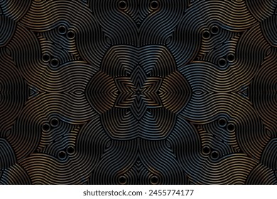 Fondo negro grabado, diseño de la cubierta étnica. Patrón 3D vintage de brillo floral geométrico. Estilo tribal hecho a mano, adornos. Lujoso boho exotismo de Oriente, Asia, India, México, Azteca, Perú.