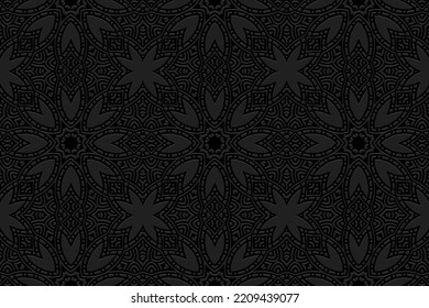 Embossed black background, ethnic vintage cover design. Geometric 3D pattern, press paper, boho style. Tribal handmade ornamental themes of East, Asia, India, Mexico, Aztecs, Peru.