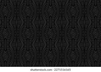 Embossed black background, exotic cover design. Geometric 3D pattern, press paper, leather, ethnic boho, vintage handmade themes in the style of the peoples of the East, Asia, India, Mexico, Aztecs
