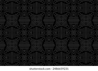 Embossed black background, exotic cover design, banner. Geometric tribal 3D pattern. Ethnic ornaments, arabesques, mandala. Handmade exotic. Motifs of the East, Asia, India, Mexico, Aztec, Peru.