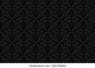 Embossed black background with handmade elements, ethnic cover design. Press paper, boho style. Geometric exotic 3d pattern. Tribal themes of the East, Asia, India, Mexico, Aztecs, Peru.