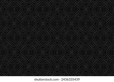 Embossed black background, stylish cover design. Geometric 3D pattern, handmade. Ornaments, arabesques, boho style. Design and decor in the best traditions of the peoples of the East, Asia, India.