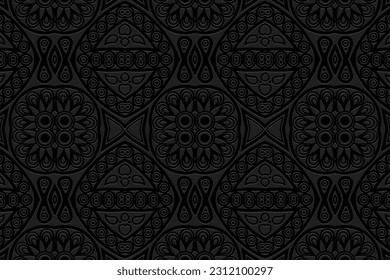 Fondo negro con relieve, diseño de portada de moda. Patrón geométrico 3D, papel de prensa, cuero. Boho, hecho a mano. Textura tribal, etnia ornamental única de Oriente, Asia, India, México, Azteca, Perú.