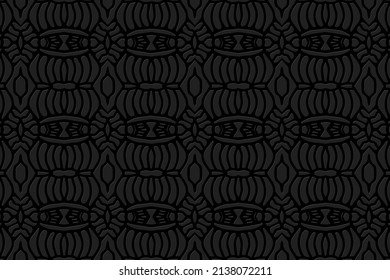 Embossed black background, trendy vintage cover design. Geometric creative 3D pattern, hand drawn style. Ethnic creativity of the peoples of the East, Asia, India, Mexico, Aztecs, Peru.