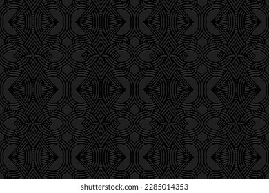 Embossed black background, tribal cover design. Geometric stylish 3D pattern, press paper, leather. Boho, handmade. Ethnic motifs of the countries of the East, Asia, India, Mexico, Aztecs, Peru.