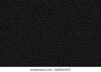 Fondo negro embosado, diseño de cubierta tribal. Patrón 3D geométrico de moda, papel de prensa, cuero. Boho, hecho a mano. Motivos étnicos de los países del Este, Asia, India, México, Aztecas, Perú.