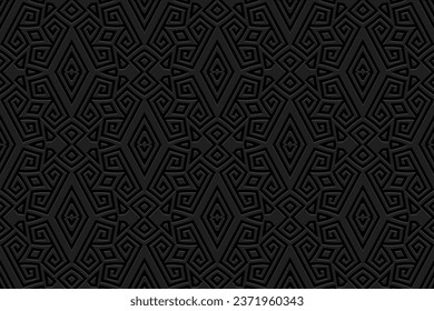 Embossed black background, tribal cover design. Ethnic geometric 3D Greek pattern, meander. Unique texture. Vintage abstract themes of the East, Asia, India, Mexico, Aztec, Peru.