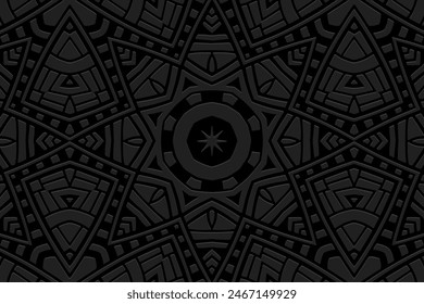 Fondo negro grabado, diseño de la cubierta tribal, estilo boho. Patrón 3D artístico vintage geométrico. Mandala étnica, ornamentos, arabescos, hecho a mano Este, Asia, India, México, Azteca, Perú.