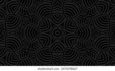 Embossed black background, tribal cover design. Geometric decorative 3D pattern, boho motifs, business card. Ethnic ornaments, arabesques, handmade. Traditions of the East, Asia, India, Mexico, Aztec,