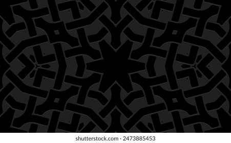 Embossed black background, tribal cover design. Geometric original 3D pattern, business card. Ethnic ornaments, handmade, boho motifs of the East, Asia, India, Mexico, Aztec, Peru.