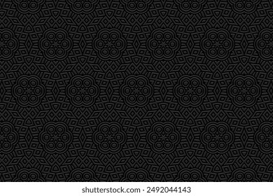 Embossed black background, tribal cover design, banner. Geometric original 3D pattern. Ethnic ornaments, arabesques, mandala. Vintage, handmade. Traditions of the East, Asia, India, Mexico, Aztec