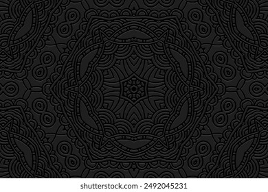 Embossed black background, tribal cover design, banner. Geometric artistic 3D pattern. Ethnic ornaments, arabesques, mandala. Vintage, handmade. Traditions of the East, Asia, India, Mexico, Aztec