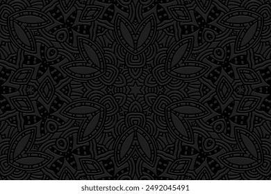 Embossed black background, tribal cover design, banner. Geometric exotic 3D pattern. Ethnic ornaments, arabesques, mandala. Vintage, handmade. Traditions of the East, Asia, India, Mexico, Aztec, Peru.