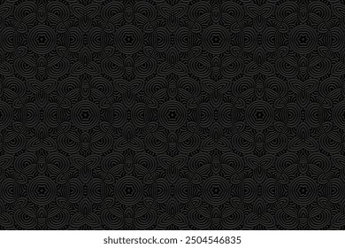 Fondo negro en relieve, diseño de la cubierta tribal, Anuncio. Patrón floral calado geométrico 3D, en relieve. Adornos, hechos a mano. Grupo étnico decorativo del Este, Asia, India, México, Azteca, Perú.