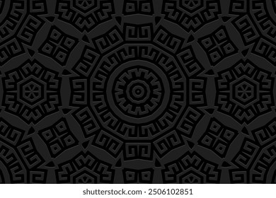 Embossed black background, tribal cover design, banner. Geometric 3D pattern, embossing, meander. Greek ornaments, unique handmade. Decorative ethnic group of the East, Asia, India, Mexico, Aztec