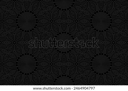 Embossed black background, tribal cover design, boho style. Geometric vintage 3D pattern. Unique ornaments, arabesques, handmade. Exotic ethnic group of the East, Asia, India, Mexico, Aztec, Peru.