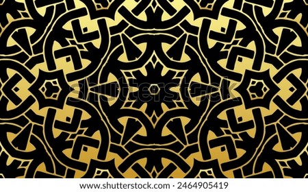 Embossed black background, tribal cover design, boho style. Geometric gold 3D pattern. Luxurious ornaments, arabesques, handmade. Exotic ethnic group of the East, Asia, India, Mexico, Aztec, Peru.